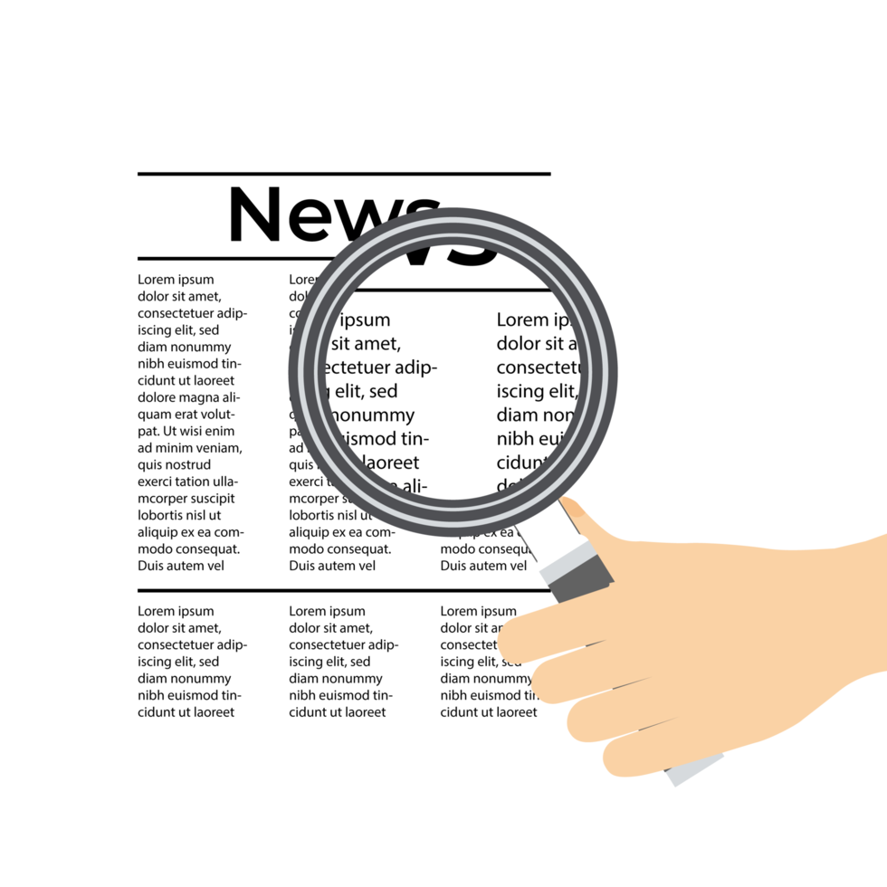 Reading newspapers and collecting information concept. Searching data from a newspaper with a magnifying glass. Newspaper illustration with a magnifying glass vector. Man reading newspaper. png