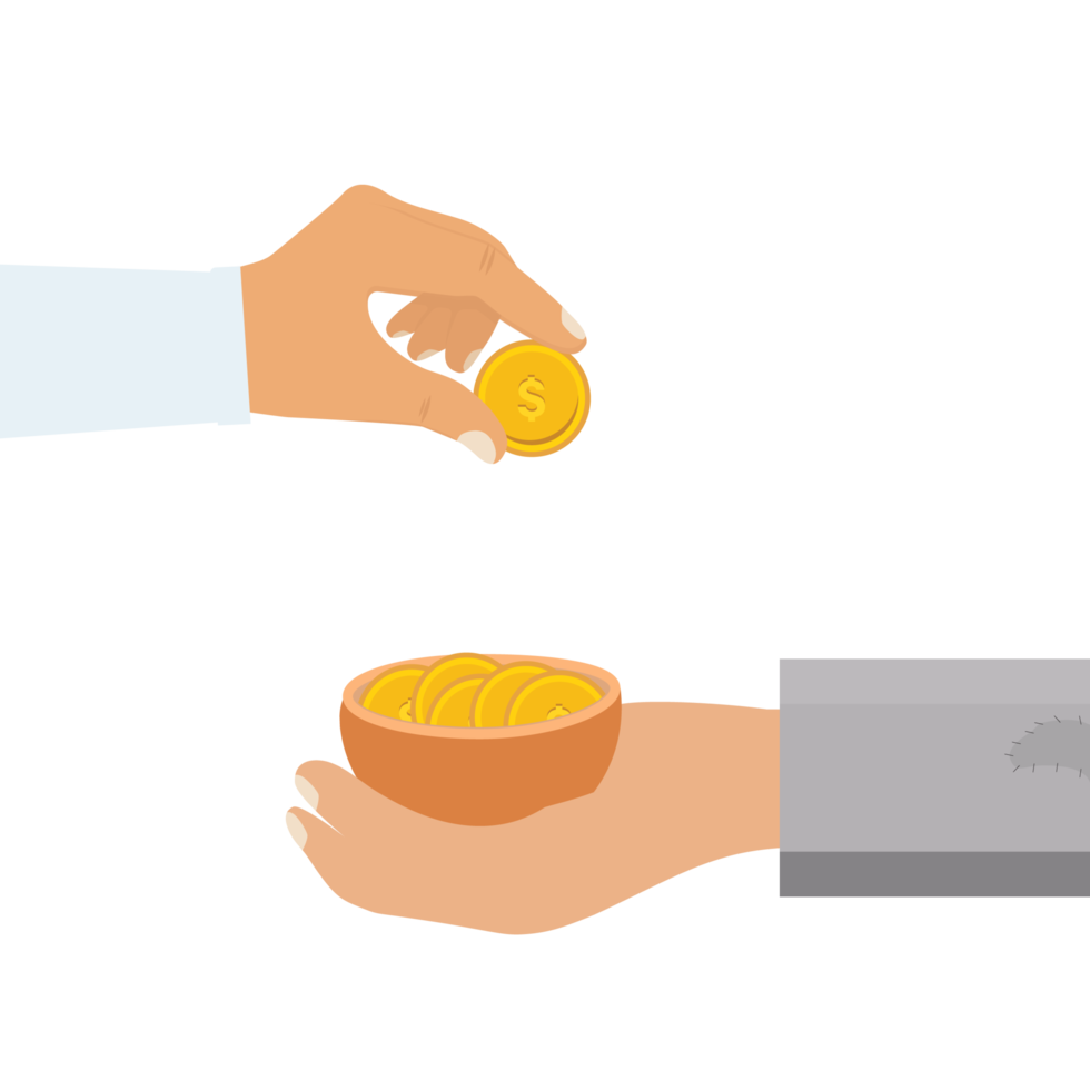 Man giving charity to a beggar. Man donating money concept. Beggar hand with a bowl of golden coins vector. Giving donations to a poor person. Charity giving concept with gold coins. png