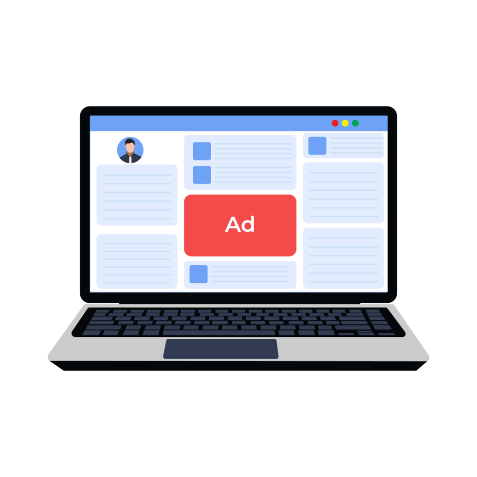 online advertenties die worden weergegeven op websites concept. advertentie pop-up ontwerp in websites of applicaties op een laptop. online winkelreclame, promotie van verkoopkorting, internetfraude, zwendeladvertenties concept vector. png