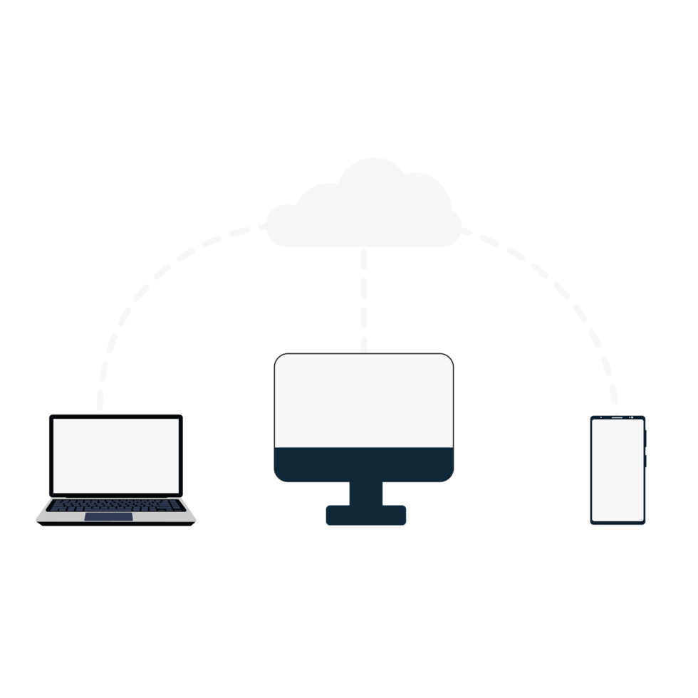 online cloudopslag concept vector. het overbrengen van gegevens van een mobiel, laptop en computer naar cloudopslag. data opslaan en transformatie concept. opslag en beheer van gegevens in de cloud. png