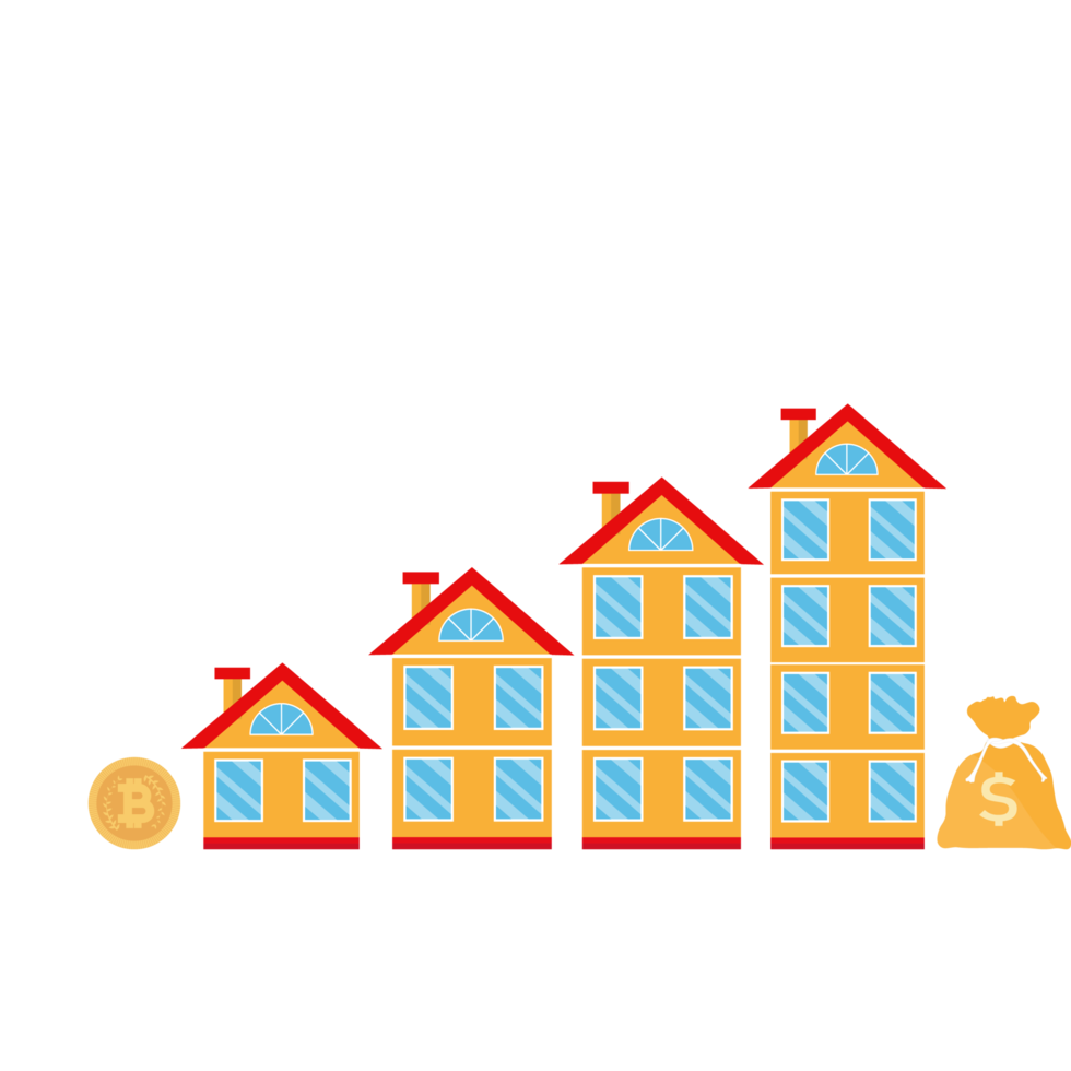 concept croissant d'entreprise immobilière avec de grands immeubles. les maisons s'élèvent pas à pas et l'argent augmente. croissance de l'entreprise de vente de maisons immobilières. l'argent augmente dans les affaires. png