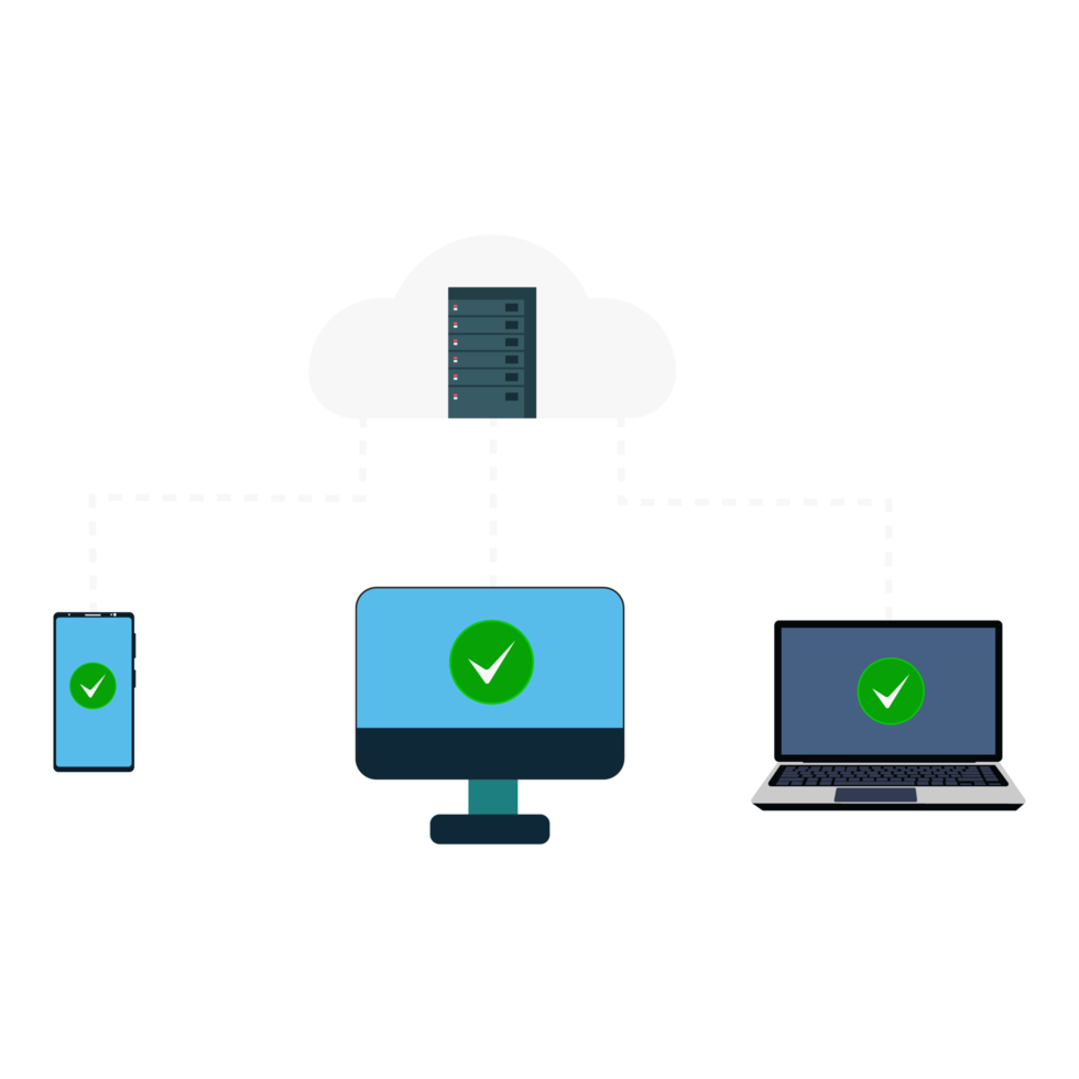 transferir datos del servidor en la nube al vector de dispositivos informáticos. concepto de servidor en la nube con un teléfono inteligente, una computadora portátil y una computadora. vector de método de transferencia y almacenamiento de datos en línea. png