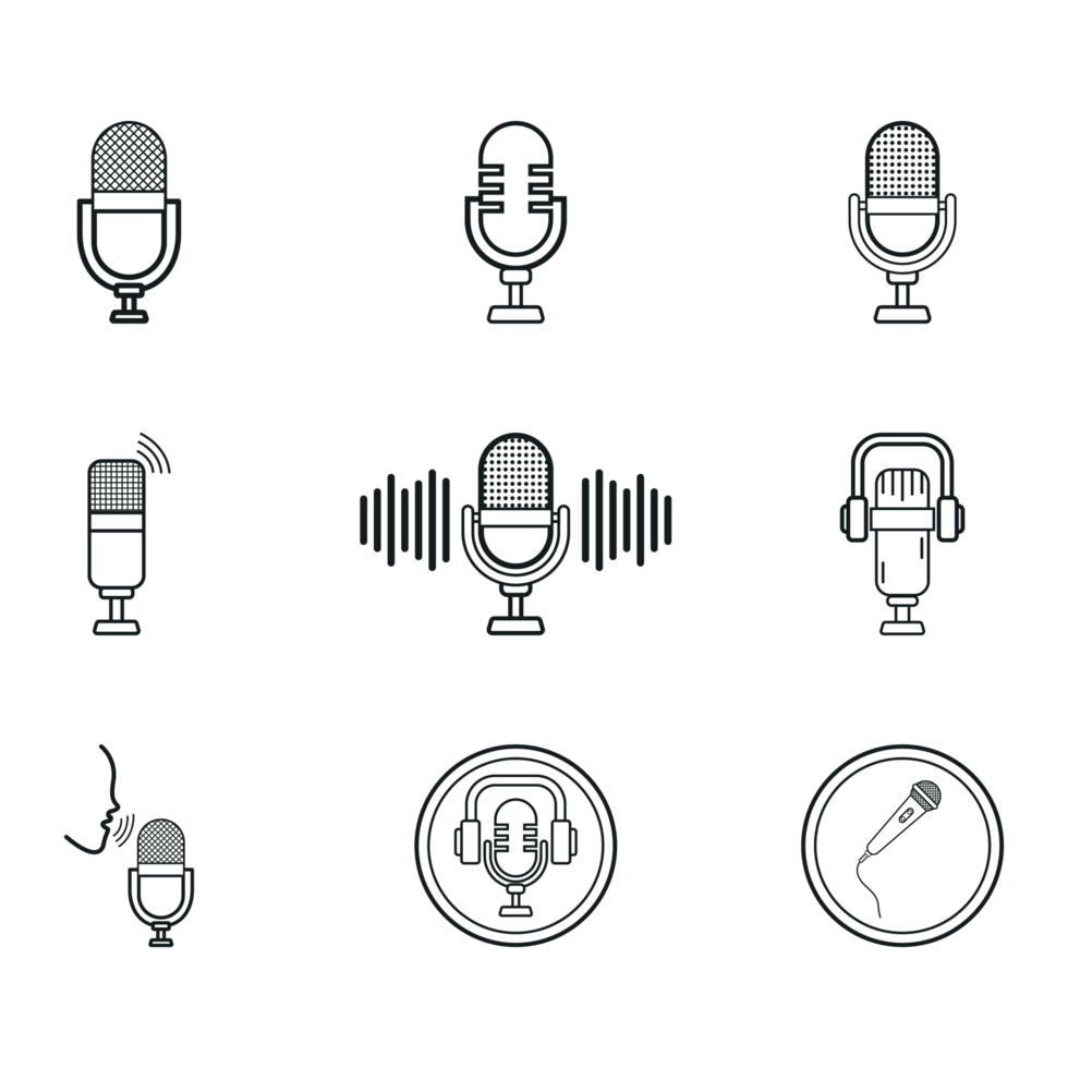 vector de colección de iconos de micrófono. paquete de iconos de auriculares y micrófono de podcast. ecualizador de sonido con micrófono, iconos del sistema de podcast. grabadora de sonido y silueta vectorial de ecualizador. png