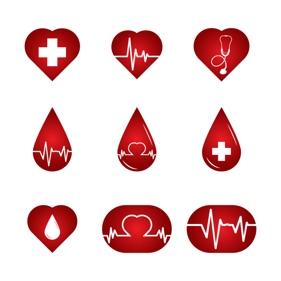 Blood drop icon vector. Medical red icon with blood drop, pulse icon, heart icon. Medical service logos vector. Medical set with red color. png