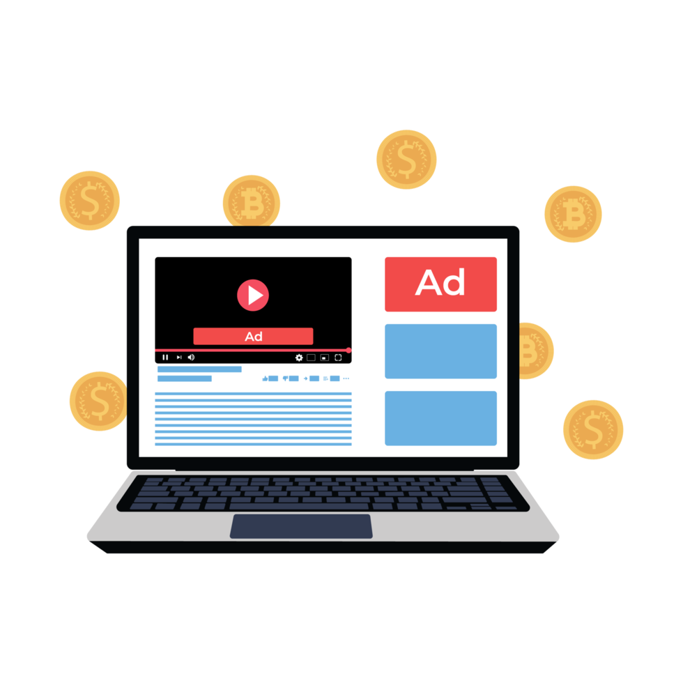 Earn from video ads concept. Online videos and websites showing ads. Earning money and bitcoin from a video. Video play button inside a laptop and gold coins vector. Earn from ads digital currency. png