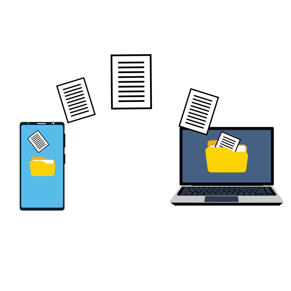 Transferring documents from a mobile to a laptop vector. Data transformation method with different devices. Wireless data transfer using the internet. Laptop and mobile on a blue background. png