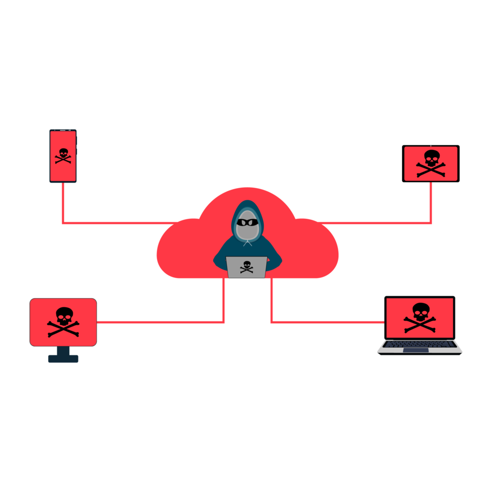 Hacker, der Cloud-Speicher verwendet, kostenloses PNG-Bild. Hacking-Computer und Handy mit Cloud-Speicher. png