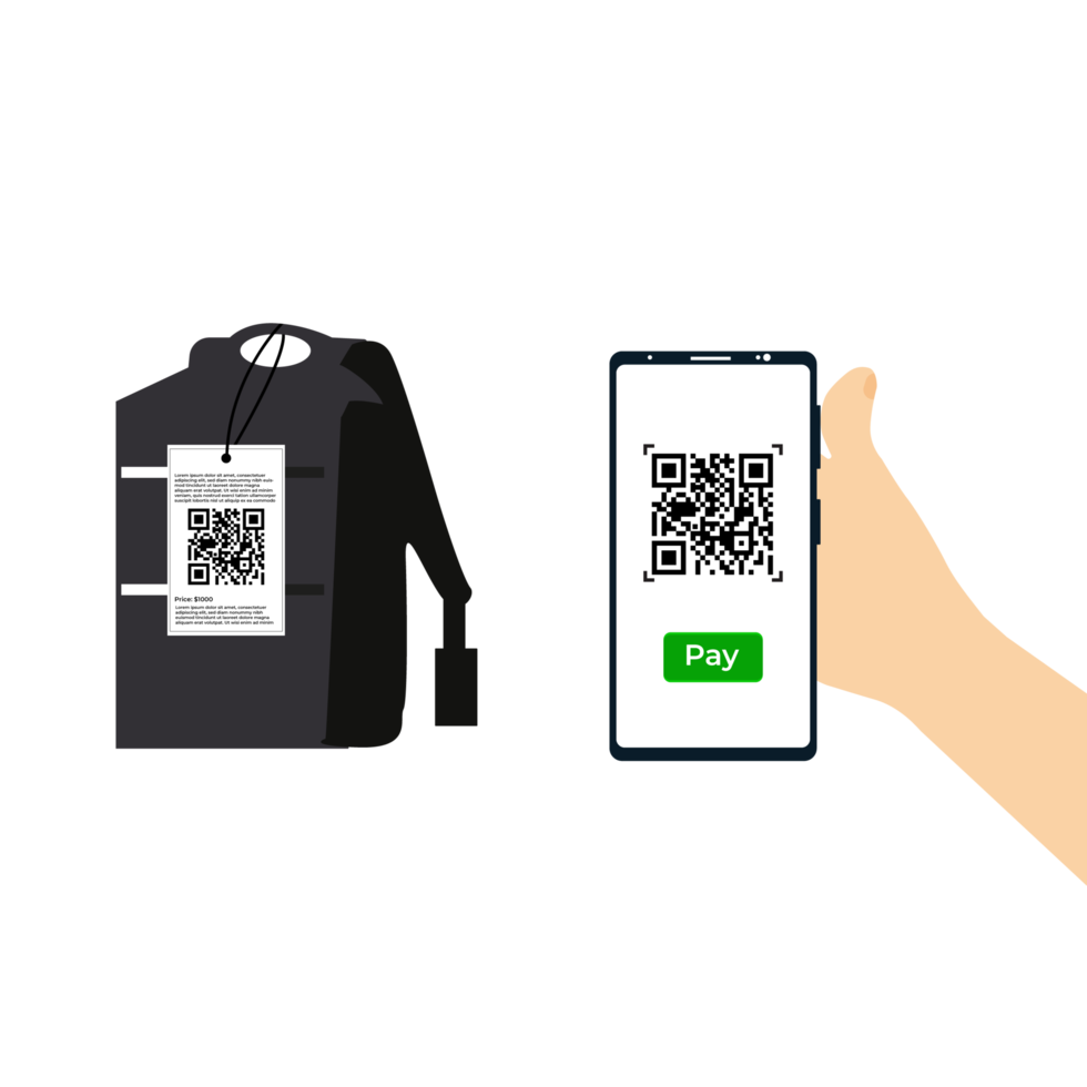 Online payment concept by scanning QR code in a smartphone vector. Flat design of a QR code payment information and a hand holding a mobile. Scanning product QR code and paying online bills vector. png