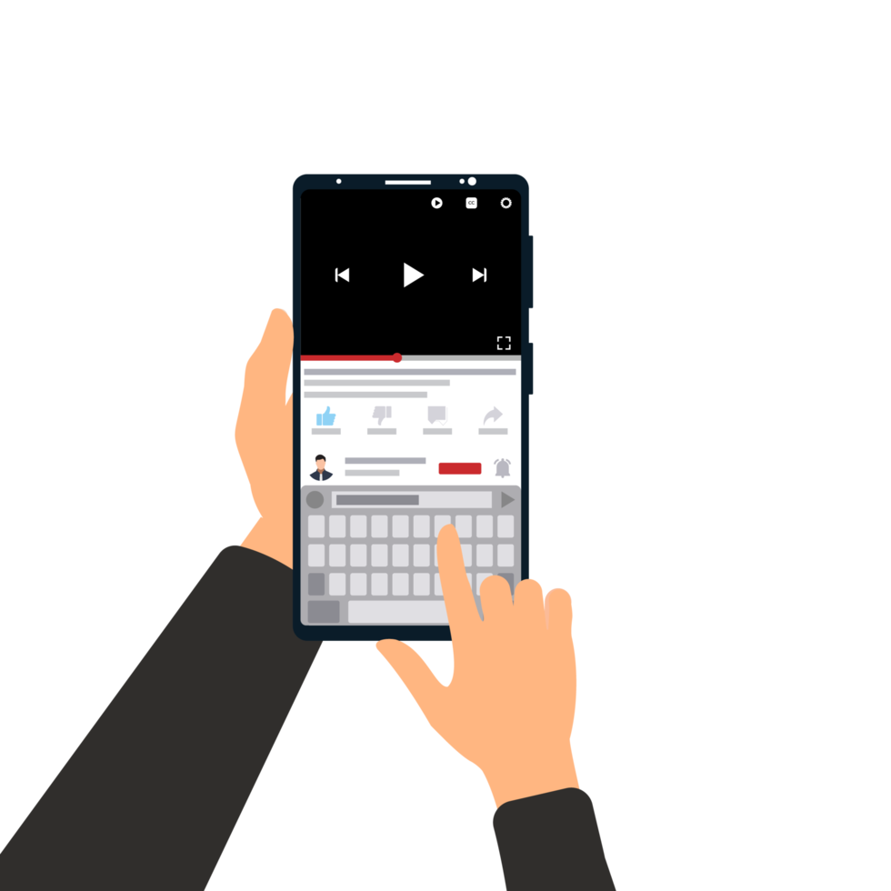 Writing comment for an online video on smartphone vector. Hand holding mobile phone and watching online video. Typing comments with a mobile keyboard for online channel concept vector. png