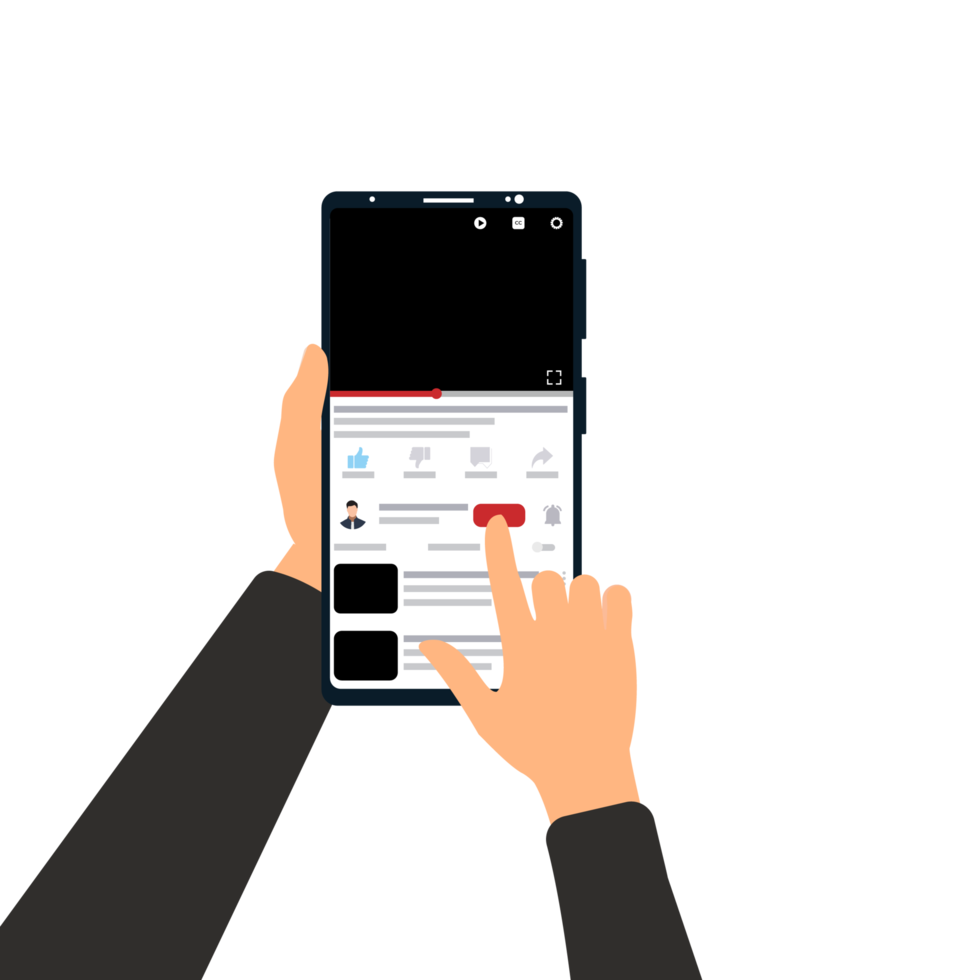 Writing comment for an online video on smartphone vector. Hand holding mobile phone and watching online video. Typing comments with a mobile keyboard for online channel concept vector. png