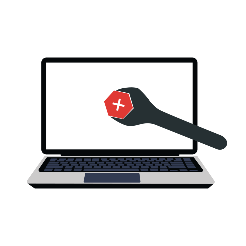fijación de hardware o software en el vector de concepto de computadora portátil. Programa informático de fijación de llaves. arreglando el error o error de la computadora con un vector de ilustración plana de llave mecánica. servicios de reparación y mantenimiento. png