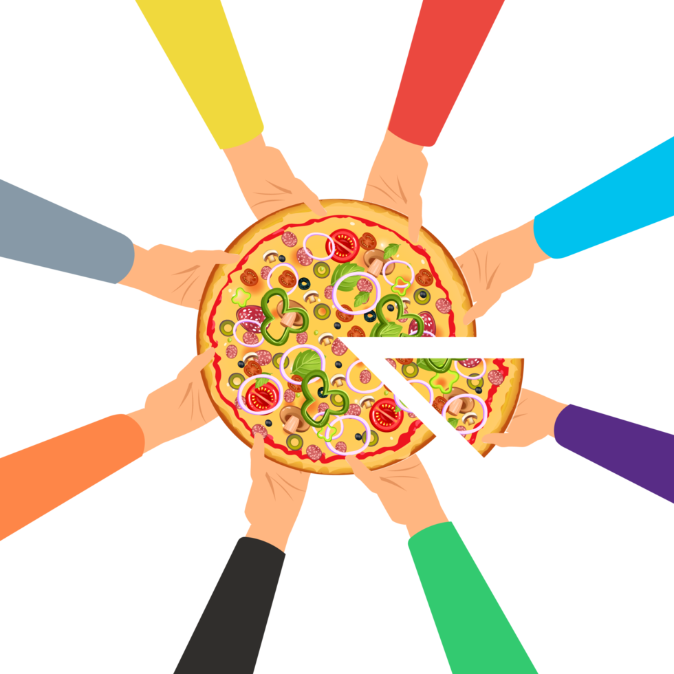 Hands taking pizza slices from a table vector. Delicious pizza vector with different kinds of hands. Pizza with so many toppings. Take a slice from the table concept. Family holding a pizza. png