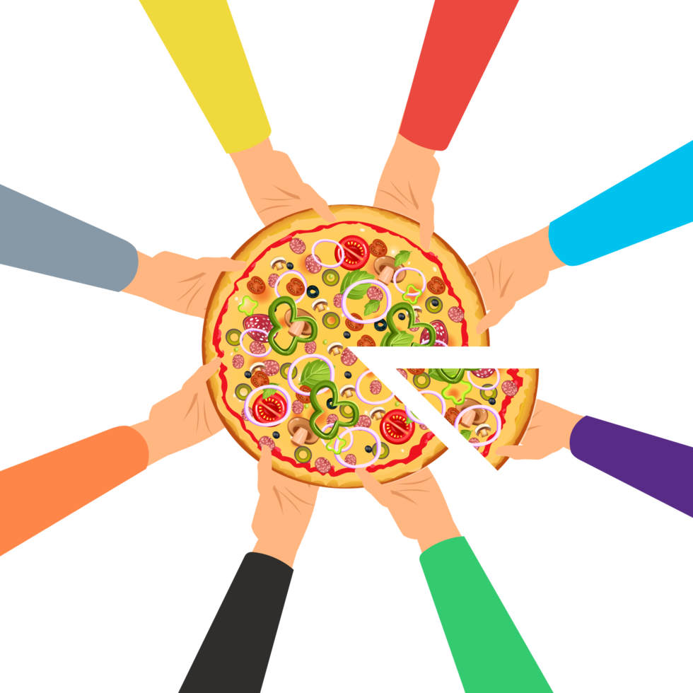 handen die pizzapunten nemen van een tafelvector. heerlijke pizzavector met verschillende soorten handen. pizza met zoveel toppings. neem een plak van het tafelconcept. familie met een pizza. png