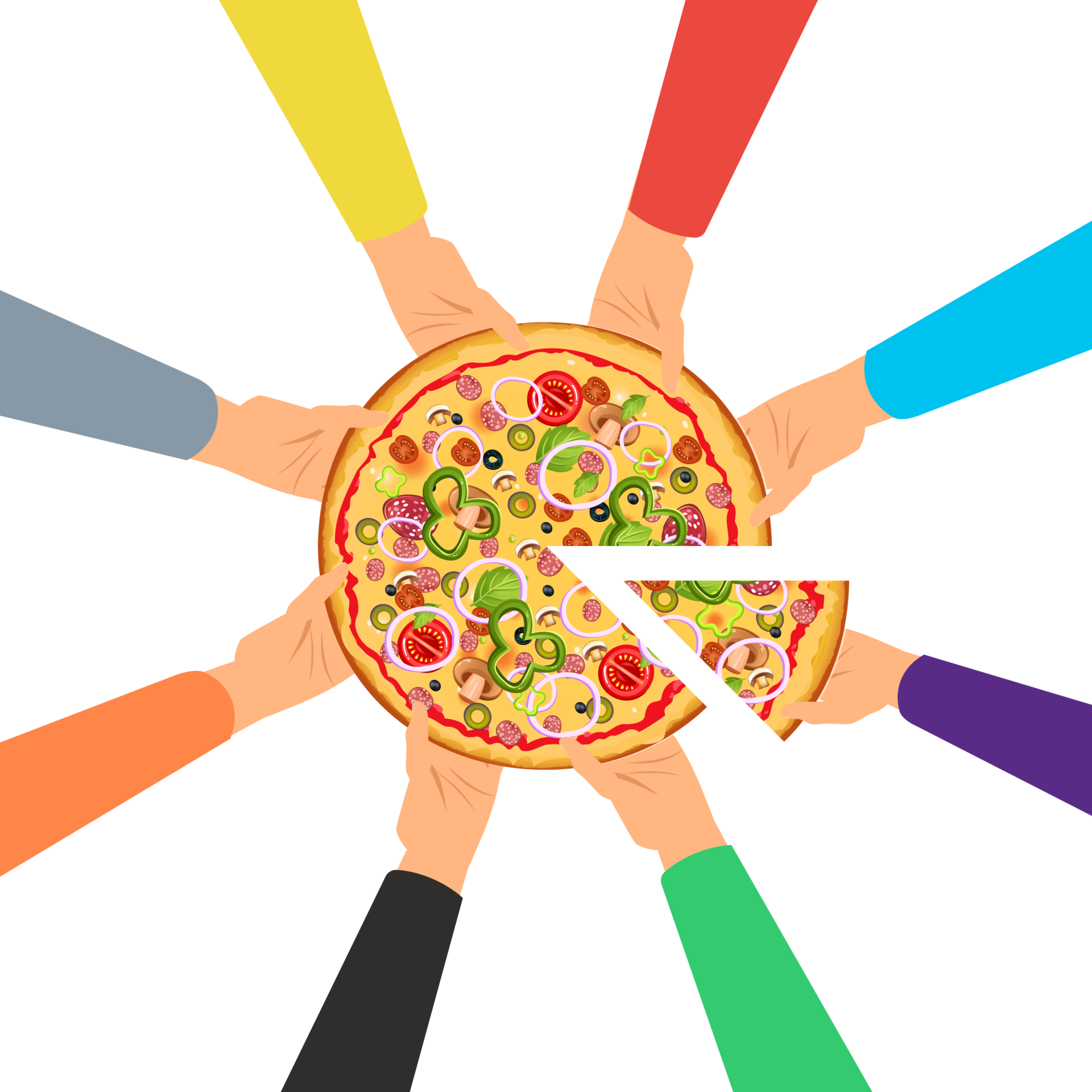 Hands taking pizza slices from a table vector. Delicious pizza vector