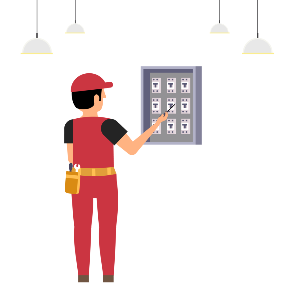 elektriker arbetar på hus elektriska styrelse med en skruvmejsel vektor. man som arbetar på en elektrisk styrelse och fixar elproblem. reparera hem eluttag med elektriska arbetsredskap. png