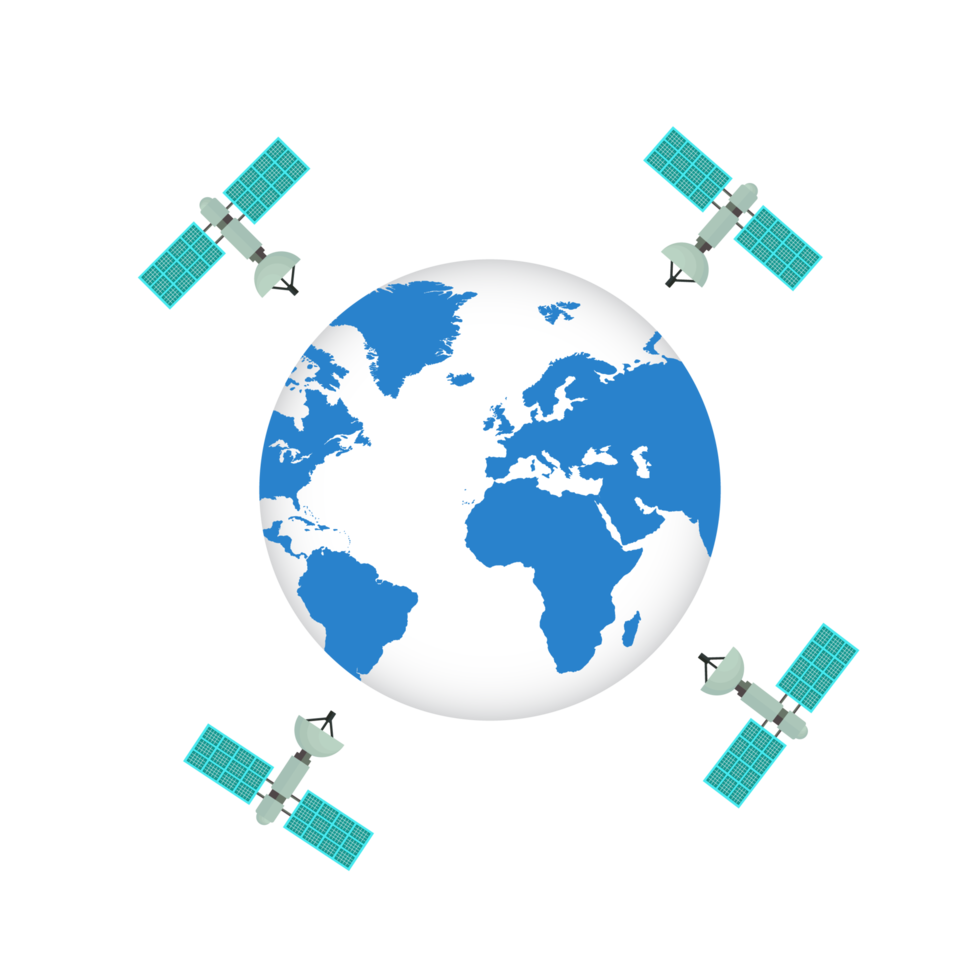 satélite em torno do vetor do globo do mundo. satélites estão rodando ao redor do conceito mundial. satélite de comunicação voando vôo espacial orbital ao redor da terra. uma estação espacial com painéis solares. png