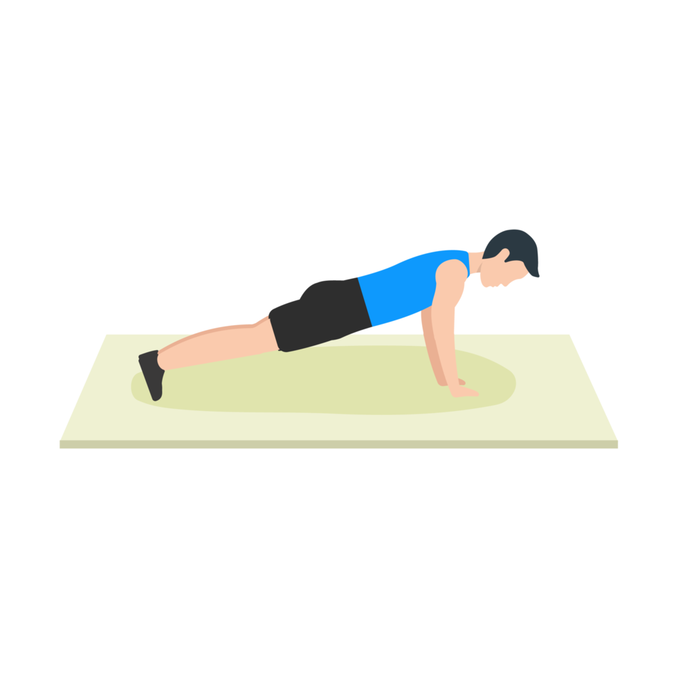 Boy doing push-up exercise on a floor mat vector illustration. Man doing push-ups for body strength and muscle buildup. Bodybuilder flat character design doing push-up exercise vector. png