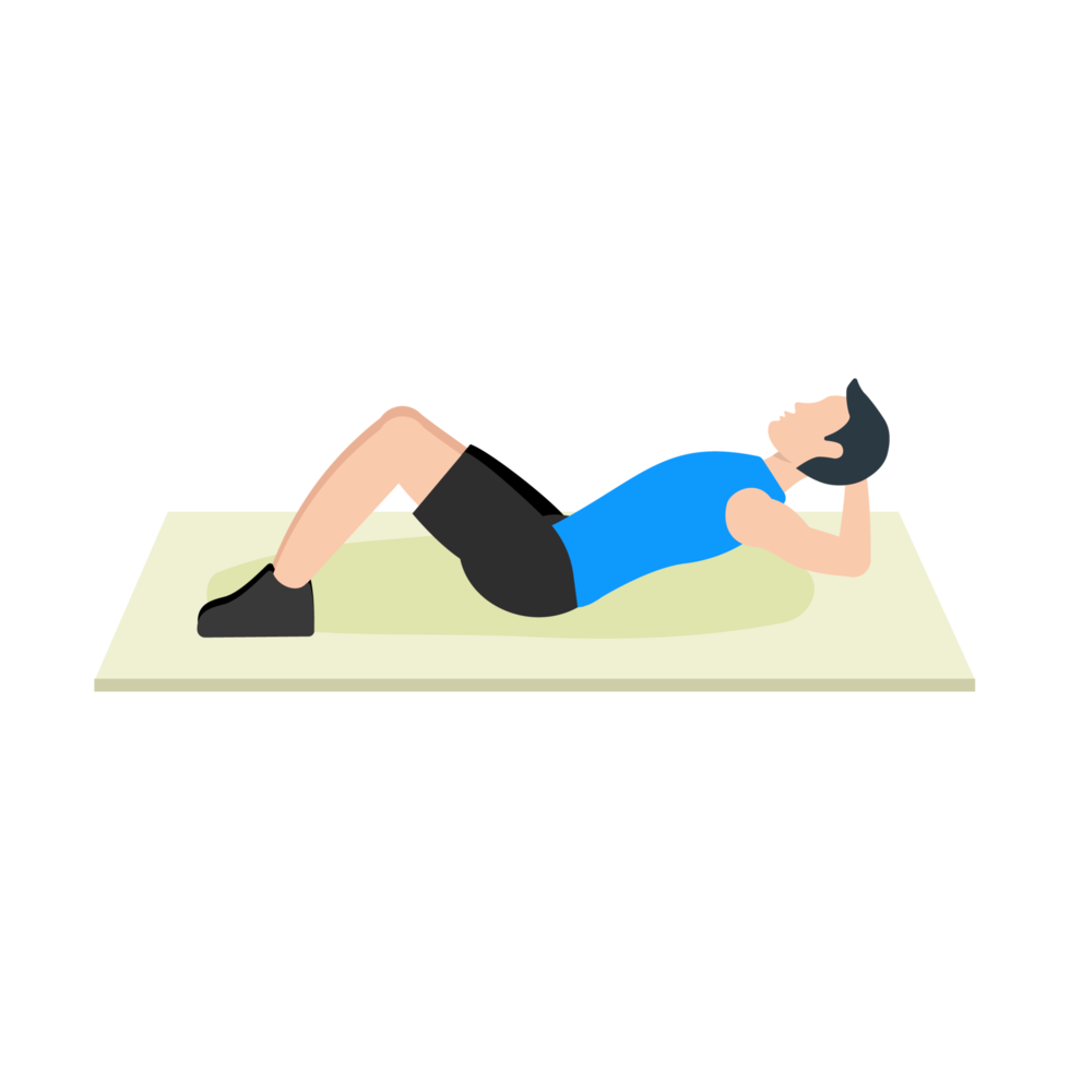 hombre haciendo ejercicio de abdominales para el vector de los músculos abdominales. joven con un personaje plano de camisa azul. hombre atlético haciendo abdominales para el vientre y ejercicios abdominales. hombres haciendo abdominales en el gimnasio. png