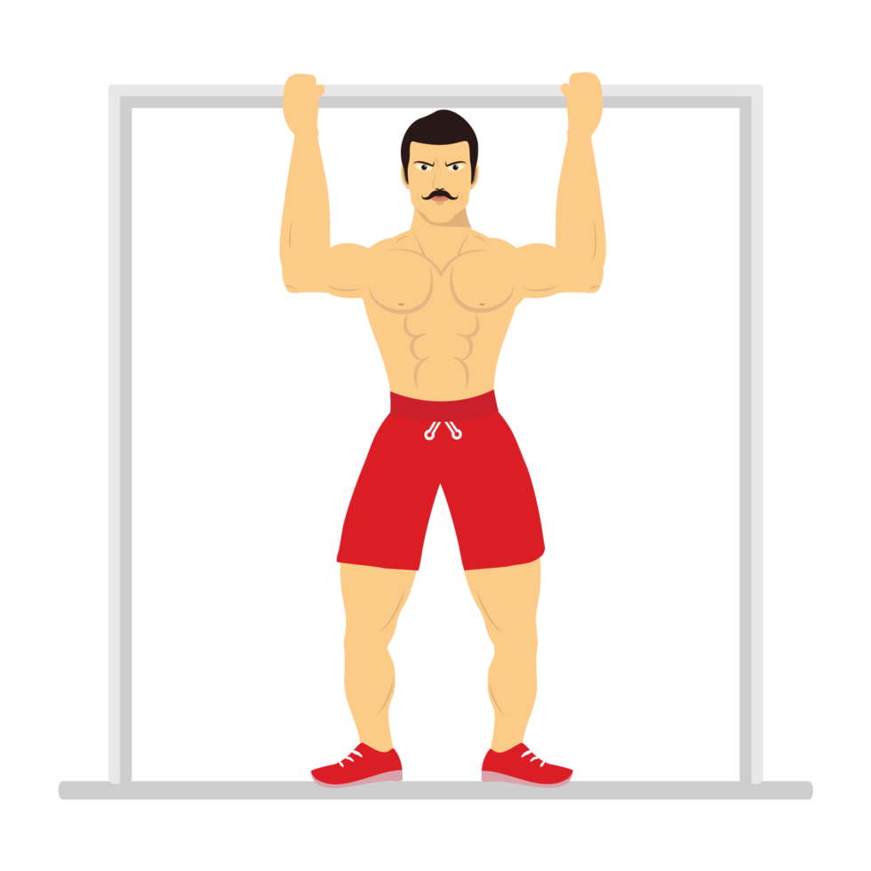 hombre musculoso haciendo ejercicio pull-up para ganar fuerza concepto. culturista con bigote, haciendo vector de pull-ups. hombre musculoso enojado usando pantalones boxer rojos y haciendo ejercicios diarios. png