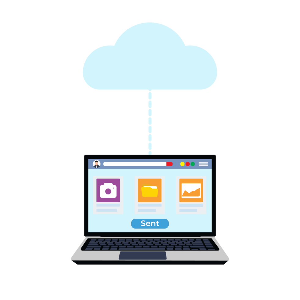 Files and information transferring to cloud storage concept. Cloud server and storage concept with a laptop sharing files. Image file and camera icon inside a laptop, data transformation concept. png