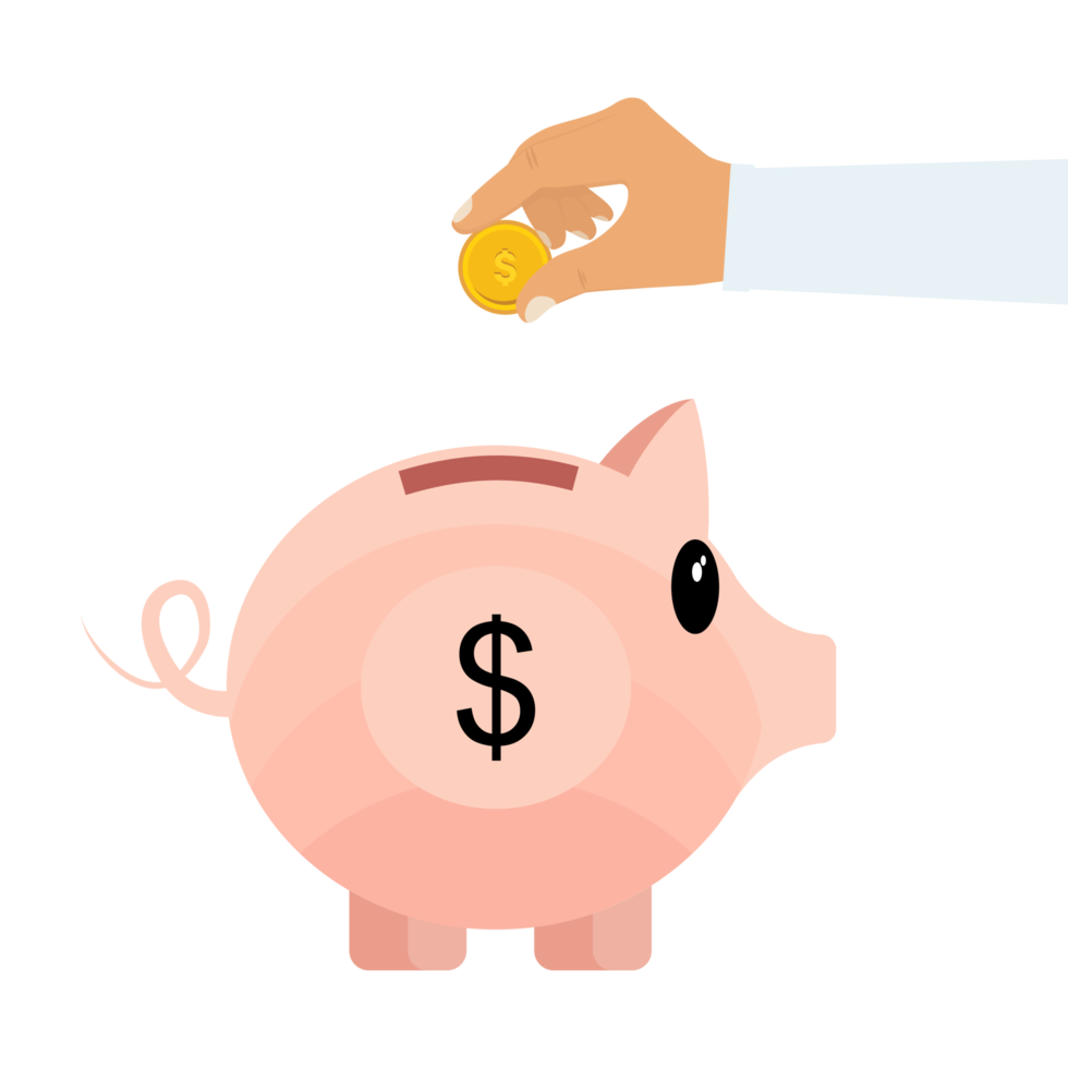 Geld sparen in einem Sparschwein-Konzeptvektor. Mann spart Geld in einem niedlichen Sparschwein. investitions- und geschäftsbankkonzept mit einer menschlichen hand, einer goldmünze und einem sparschweinvektor. png