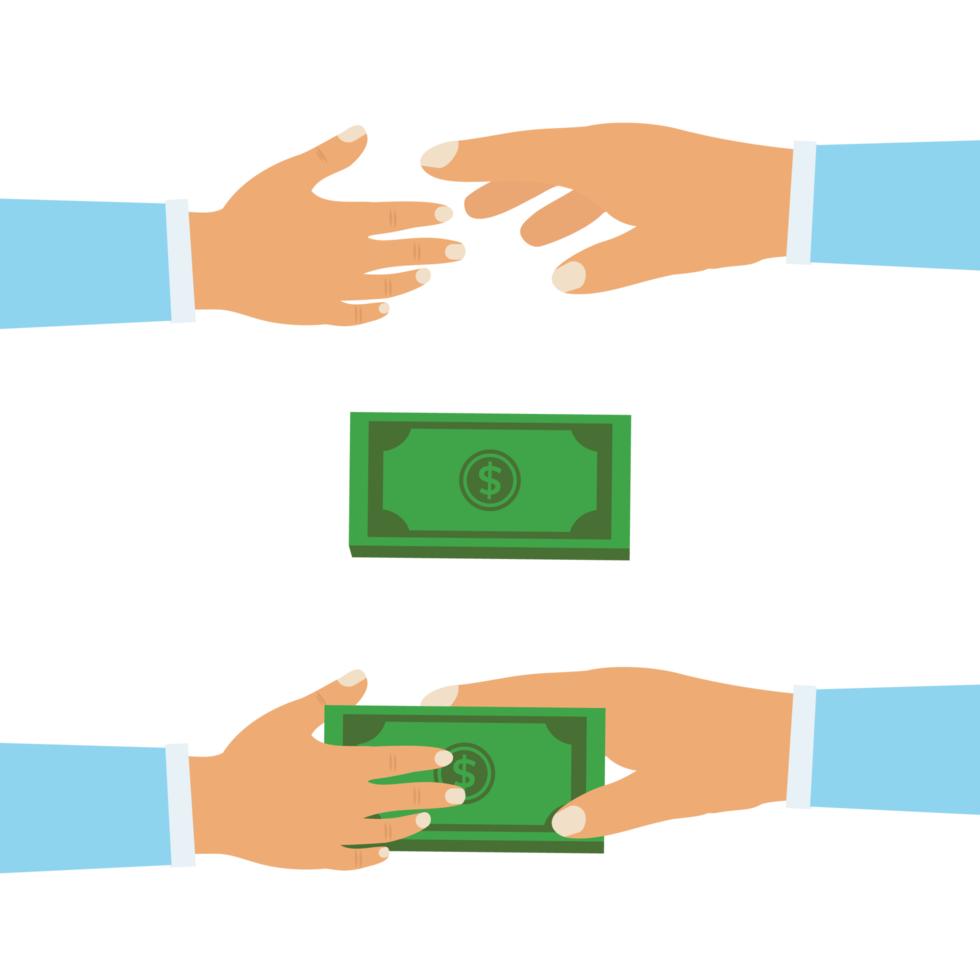 Businessman giving money bundle to another one vector. Money transferring concept with human hands. Hand giving and taking dollar bundles on a light blue background. Business offer and deal concept. png