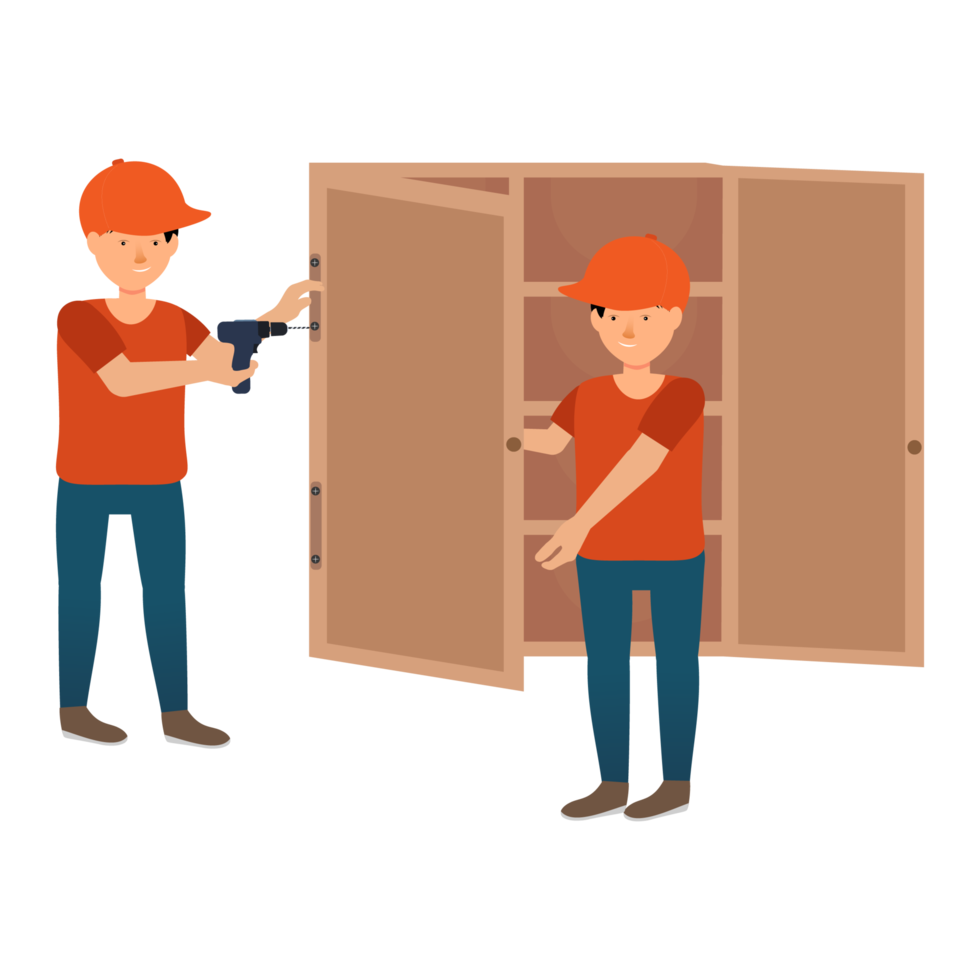 Furniture makers are making a cupboard inside a house vector. Flat characters making furniture for a house concept. Mechanic using his tool to repair a cupboard or furniture vector. png