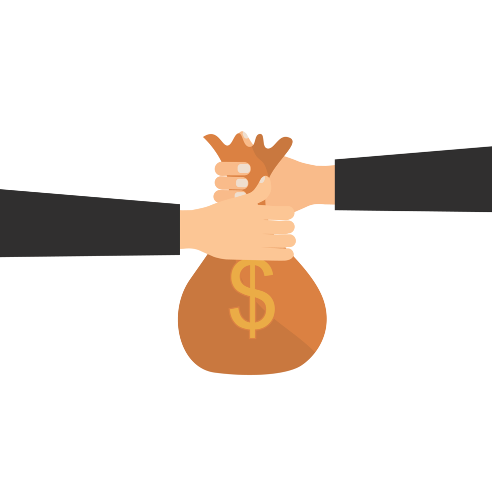 Giving a money bag to a businessman vector. Hands taking and giving money to one another. Sack of money vector with two human hands. Business and financial money transaction concept. png