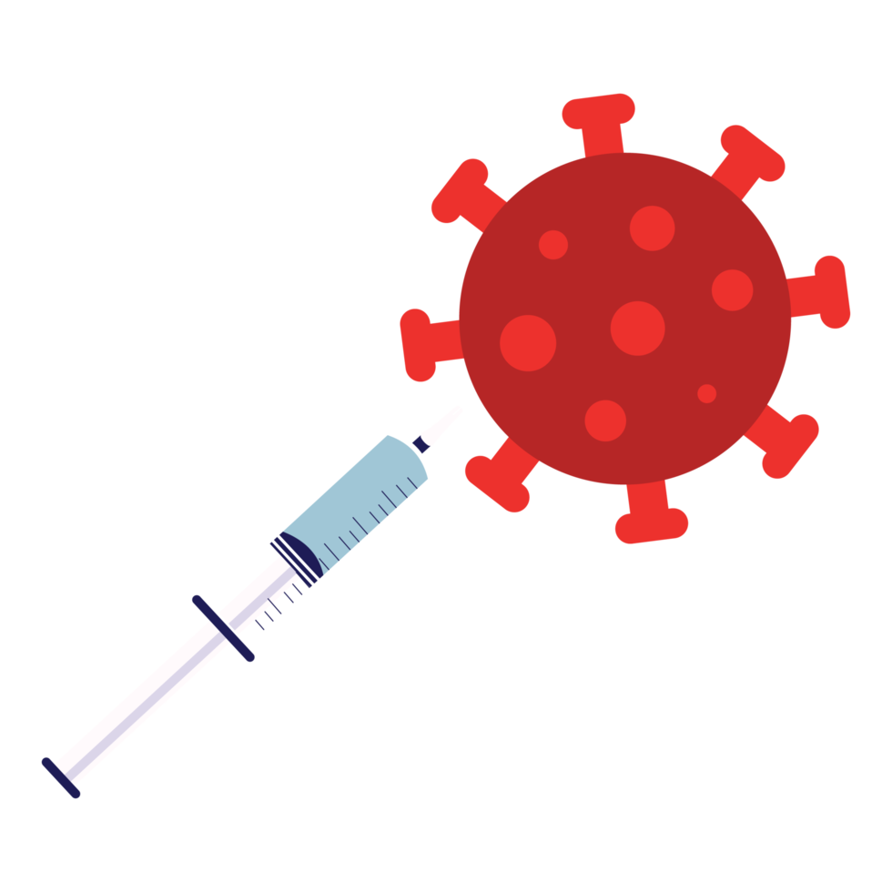 Giving a vaccine to a red virus to prevent infections. Using a syringe to vaccinate covid-19 virus concept vector. Killing coronavirus with a vaccine syringe vector and a red color bacteria icon. png