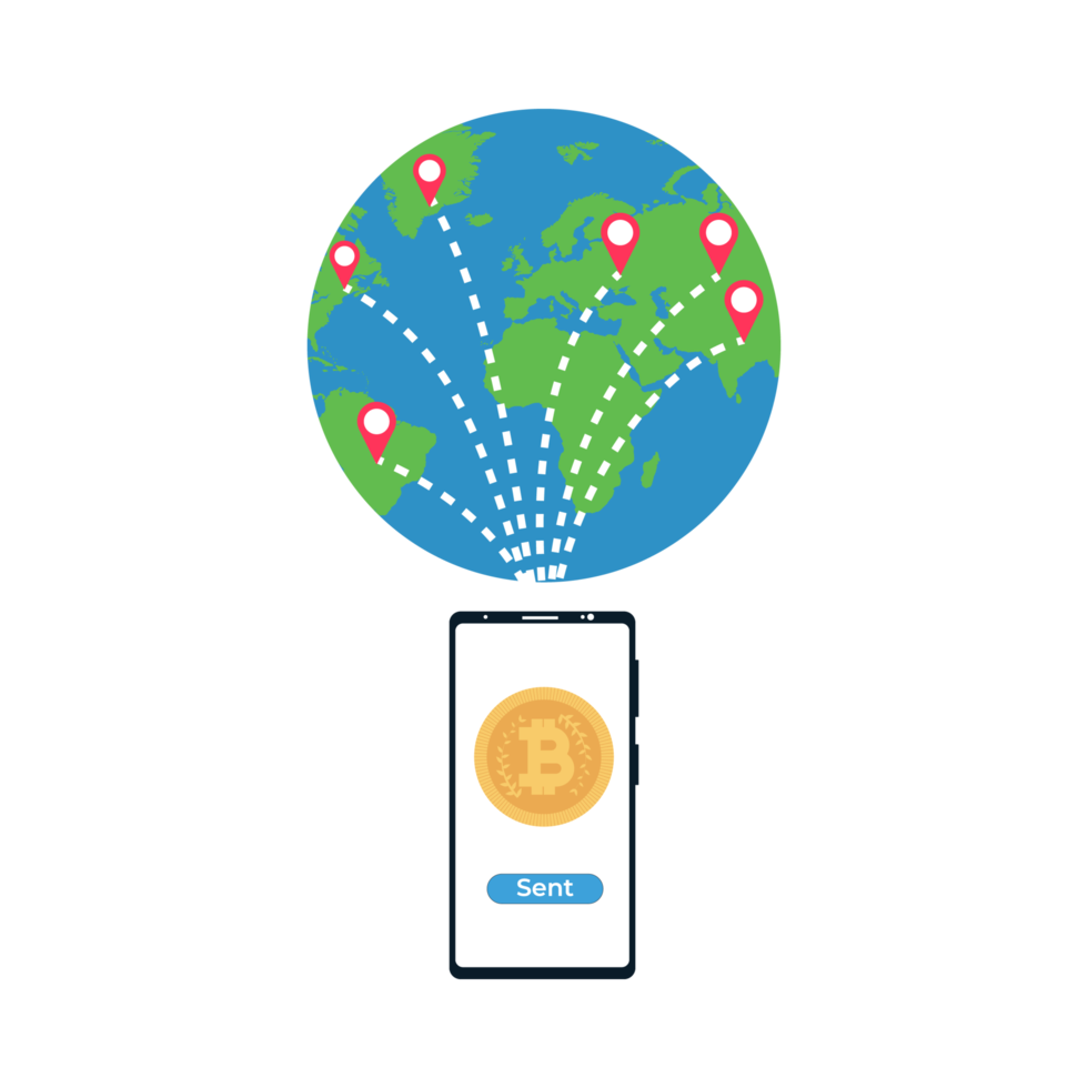 Sending bitcoin to anywhere in the world with a smartphone vector. Bitcoin and money transaction method with a world map and location points. Online money transaction system with a mobile phone. png
