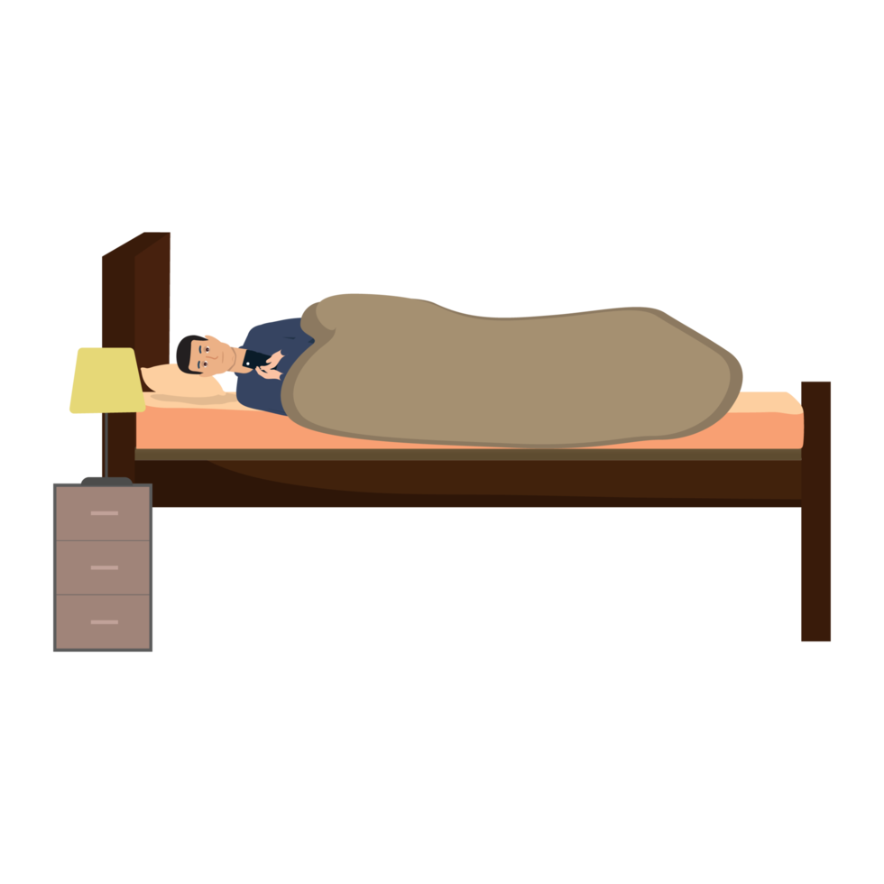 Man using mobile before sleep at night under blanket vector. Home interior vector with a clock, table lamp, big window, and bed. Man lying flat character illustration with a smartphone in his hand. png