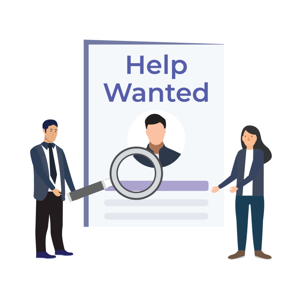 Searching for some wanted person concept with flat character design. Help wanted for business or personal works. Businessman with a big magnifying glass, searching for workers vector concept. png