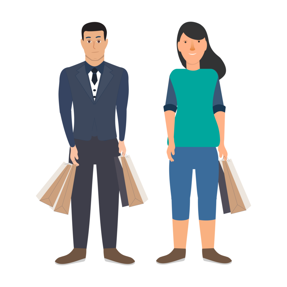 homem e mulher fazendo compras, design de vetores de personagens planas. casal com sacolas de compras na mão na frente de um vetor de loja. conceito de cliente de compras e varejo com um vetor de loja de pano. png