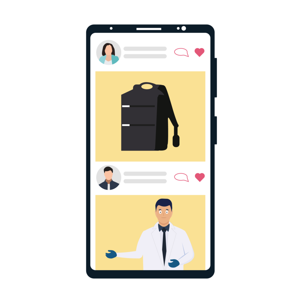 Man using a smartphone and scrolling inside social media concept vector. Man flat character design with a mobile phone and social media. Using social media with a cell phone for business communication png