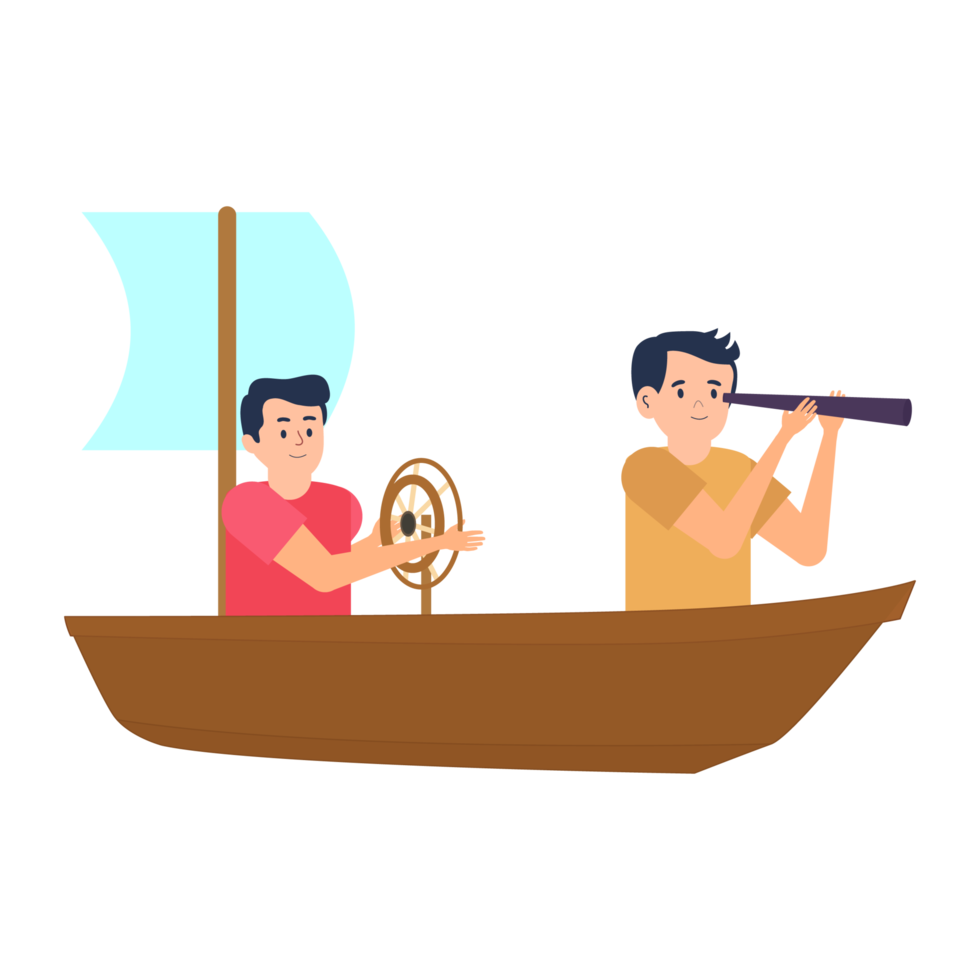 Little kid flat character illustration with a small boat and urban lake. Kids playing with the boat on a lake with a cityscape background. Playable children with scope and toy vessel on the water. png