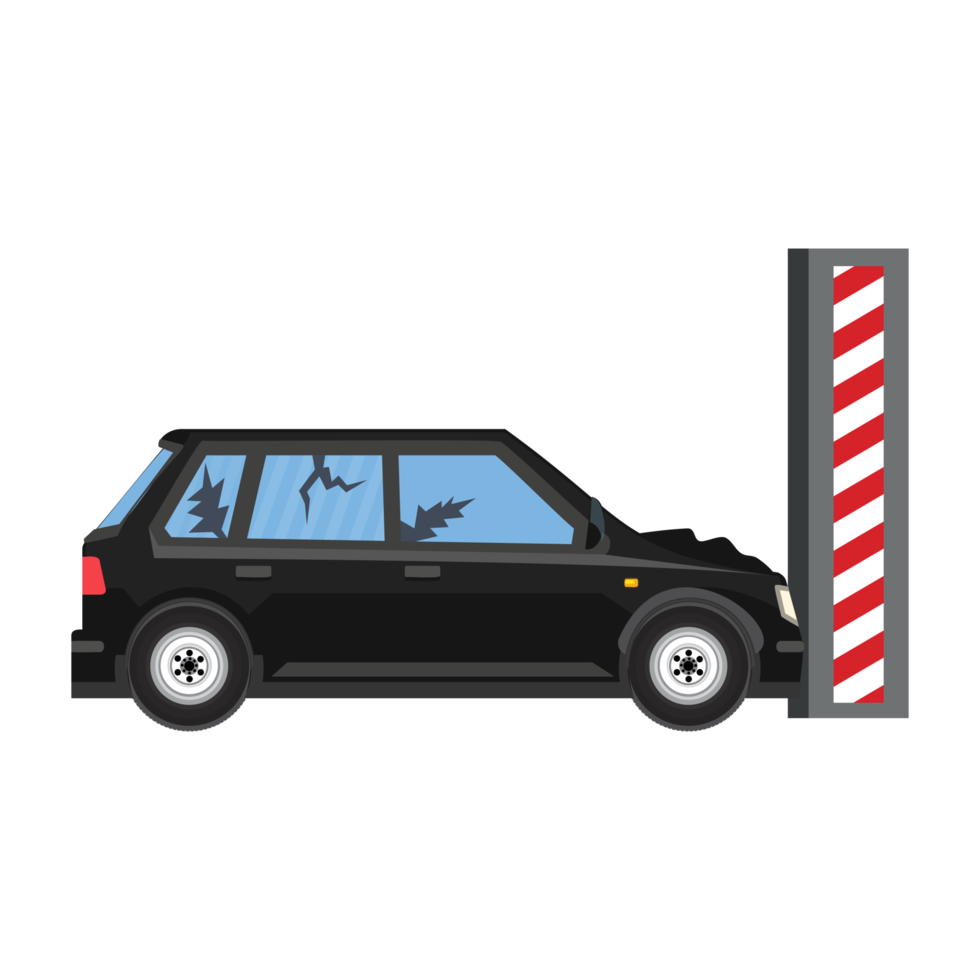 ilustración de vector de accidente de coche en campo de pruebas. un camión negro con ventanas y marcos rotos en una vía urbana. accidentes automovilísticos e ilustración de colación con un vector de barra de prueba de hierro. png