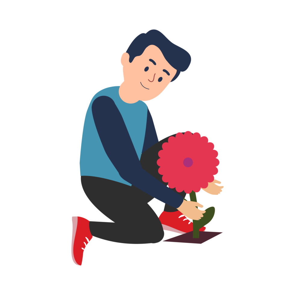 Young man planting flowers in front of his house yard vector concept. Man flat character design with red flower plant and modern house vector. A boy is gardening and taking care of flower plants. png