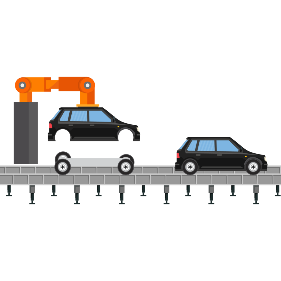 autoherstellung fabrikarbeitsprozess mit autorahmen und rädern. Montage von Autoteilen in einer Fabrik mit Roboterhänden. Künstliche Intelligenz baut Autos mit einem Roboter in einer Fahrzeugfabrik. png