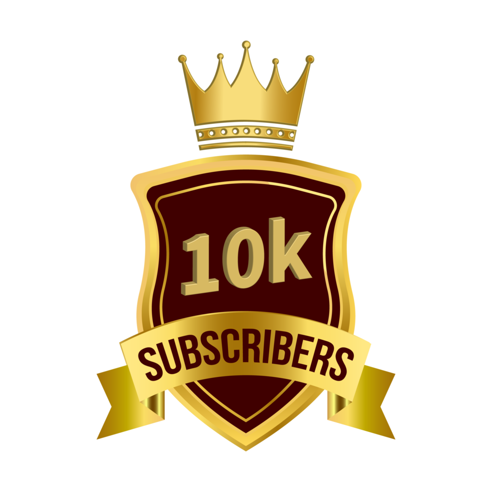 Royale subscriber badge png. Golden color ribbon and king crown on white background. Golden badge design with ribbon and crown. 10k subscriber special golden badge image. png