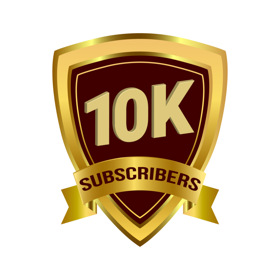 Stylish subscriber badge with a golden ribbon and dark color shade. Badge png image on transparent background. 10K subscriber celebration badge with gold color and calligraphy.