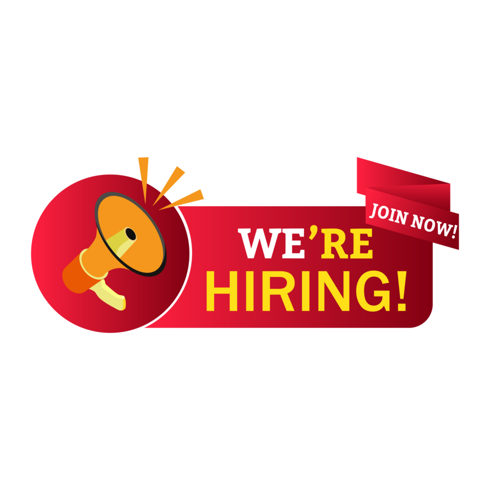 We are Hiring design png with mike speaker and red color on transparent background. Business recruiting element image with red and yellow color. Open vacancy poster element png.