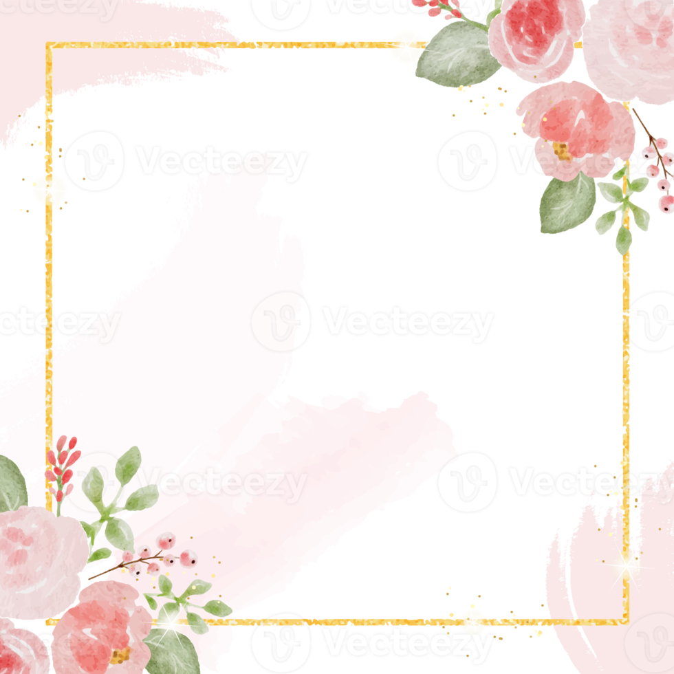 lös akvarell färgglada rosor och vilda blommor bukett med gyllene lyxiga fyrkantiga ram bröllopsinbjudan kortmall png