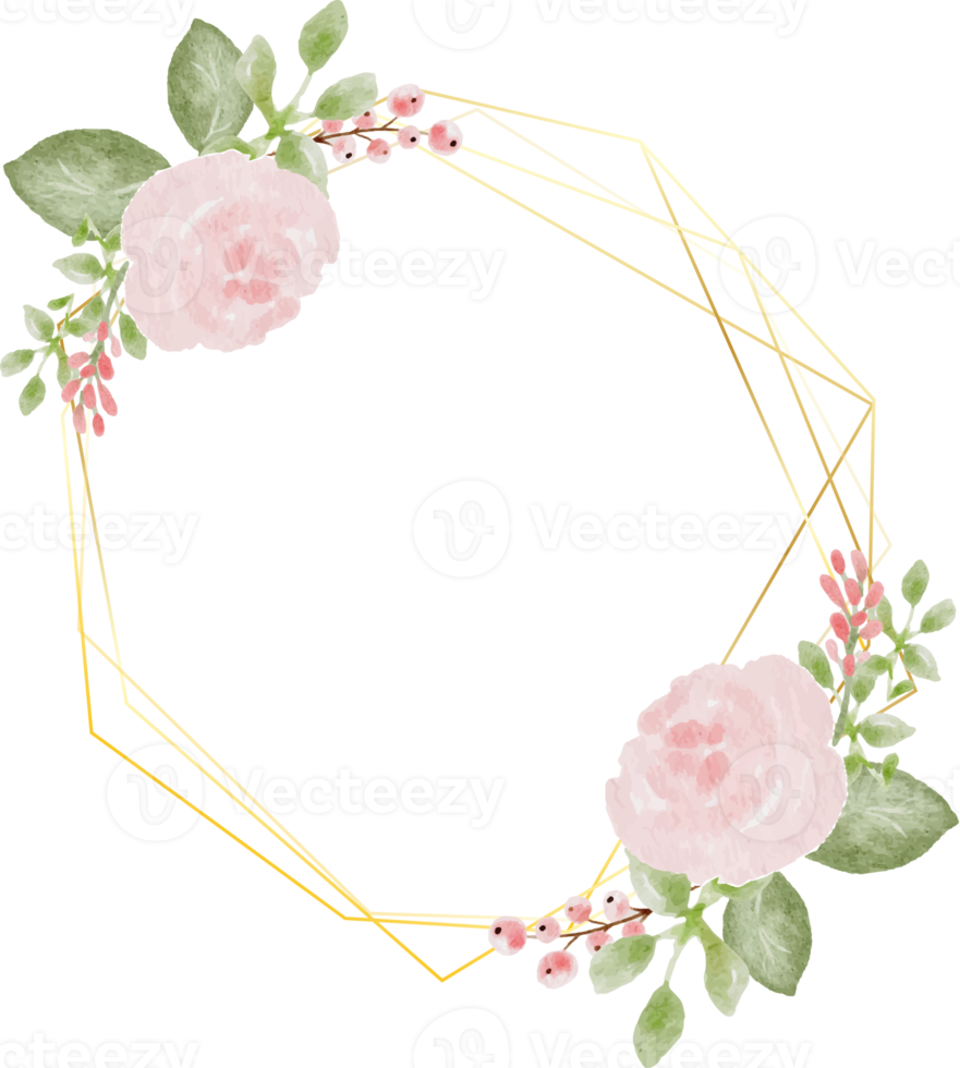 lös akvarell färgglada rosor och vilda blommor bukett krans med hexagon guldram png