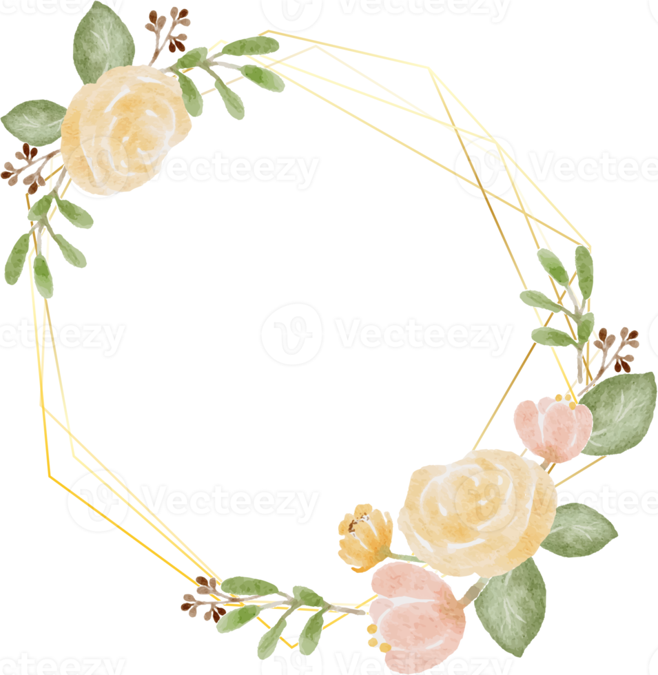 loose watercolor colorful roses and  wild flowers bouquet wreath with hexagon gold frame png