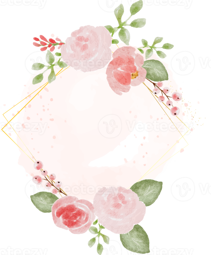 watercolor pink wild rose with golden frame wreath on pink splash background png