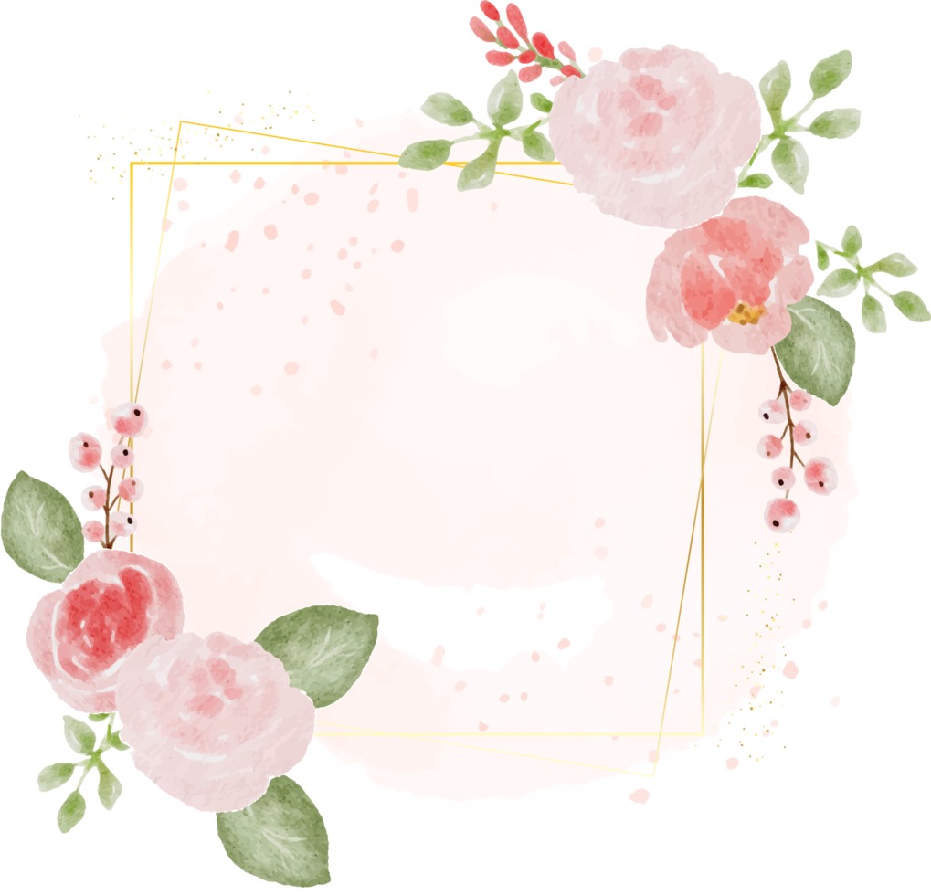 watercolor pink wild rose with golden frame wreath on pink splash background png