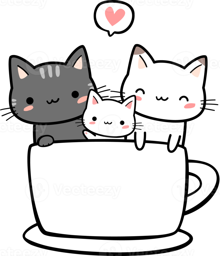 família de gatos fofos em elemento de desenho animado de caneca de café png