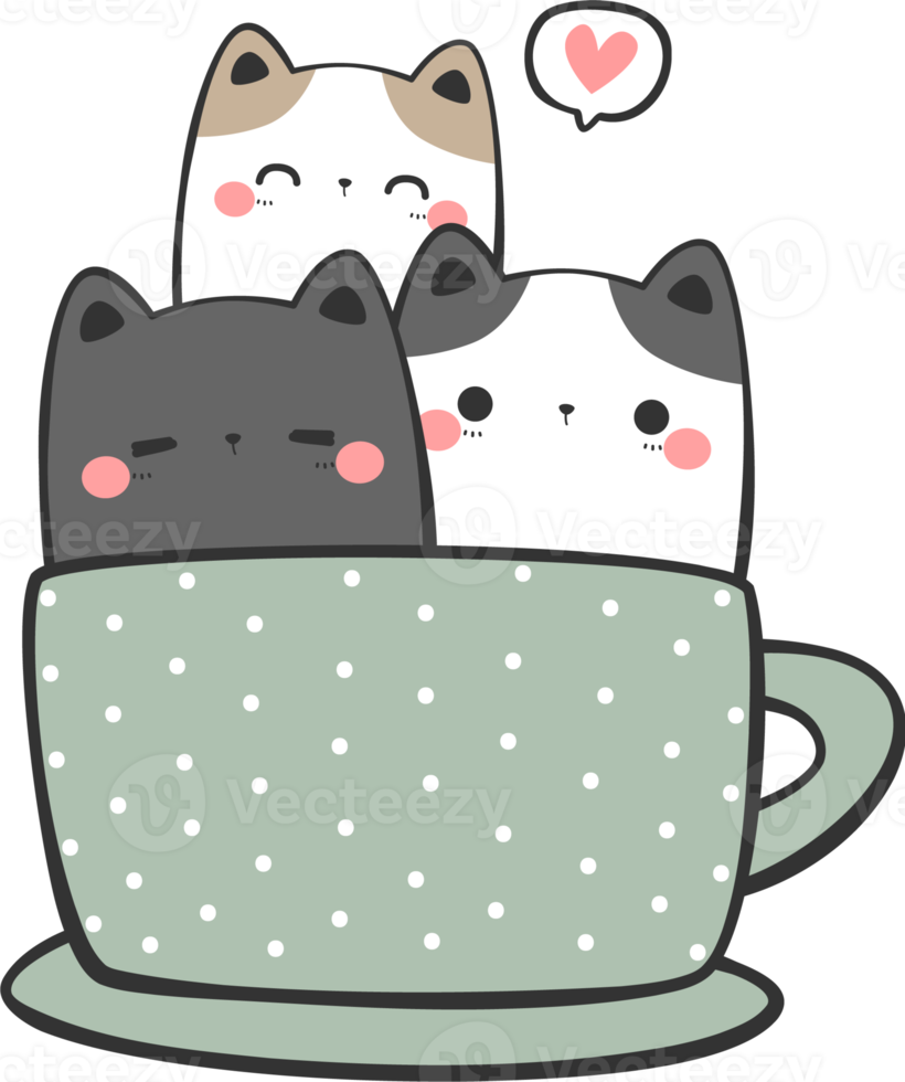 grupo de lindo gatito en elemento de dibujos animados de taza de café png