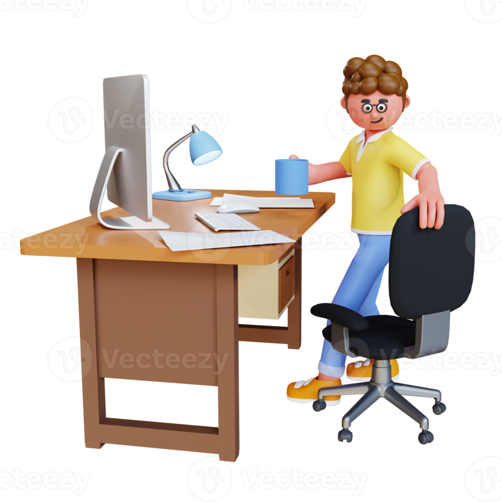 3d render character working on desktop work from home png