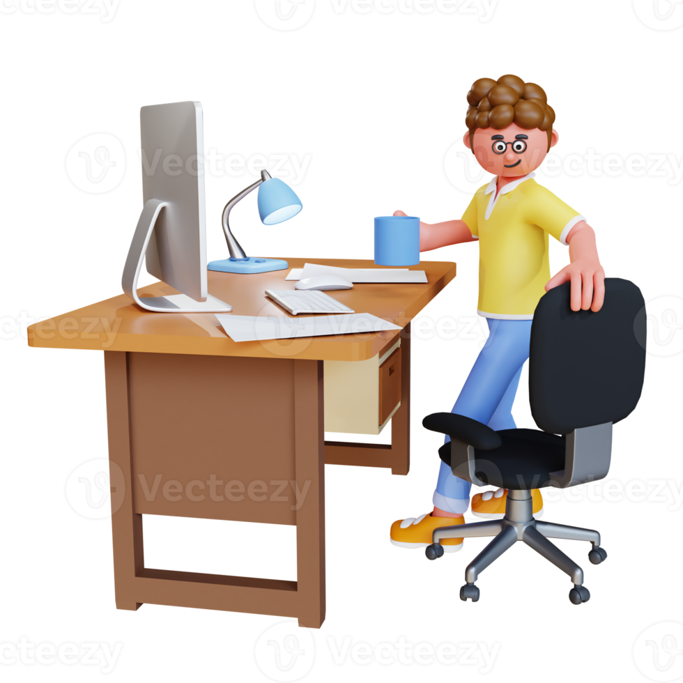 3D render-personage werkt aan desktopwerk vanuit huis png